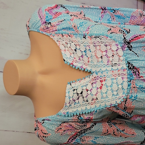Crown & Ivy Light Blue & Pink Split V-neck Blouse w/Crochet Inlay - Picture 2 of 9